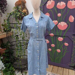 Vintage 1940's Blue Snowflake Print Day Dress with Pockets, Handmade, AS IS